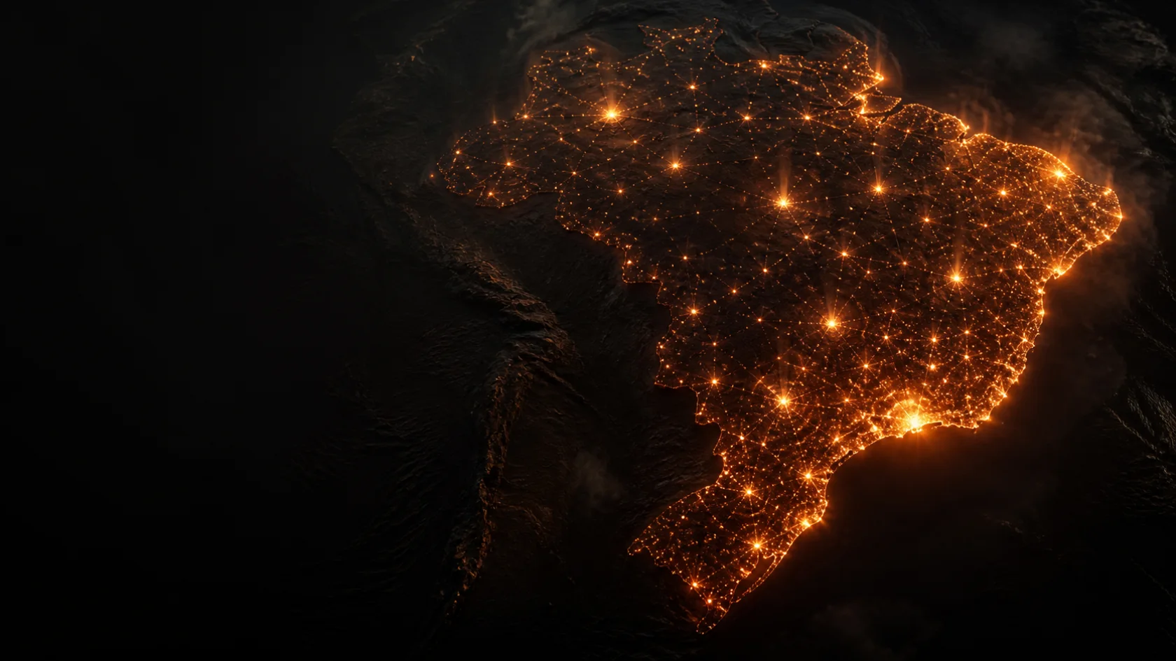 Mapa do Brasil iluminado por uma rede de oportunidades de música ao vivo